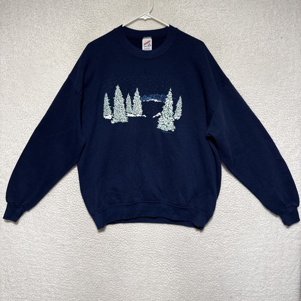 VTG 90’s Jerzees Farm Winter Scape Blue Crewneck Sweatshirt Size XL